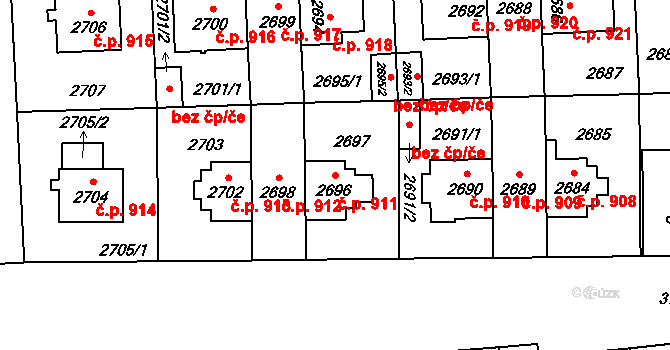 Břevnov 911, Praha na parcele st. 2696 v KÚ Břevnov, Katastrální mapa