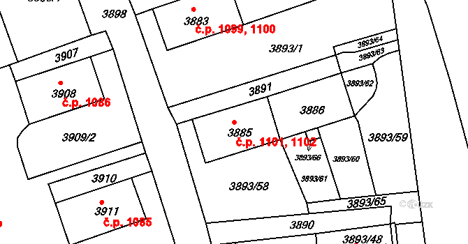 Jirkov 1101,1102 na parcele st. 3885 v KÚ Jirkov, Katastrální mapa