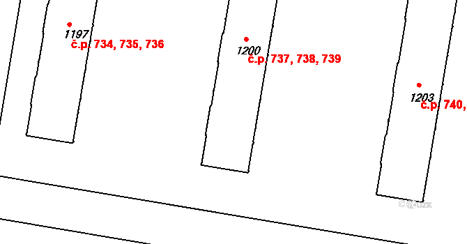 Slezské Předměstí 737,738,739, Hradec Králové na parcele st. 1200 v KÚ Slezské Předměstí, Katastrální mapa