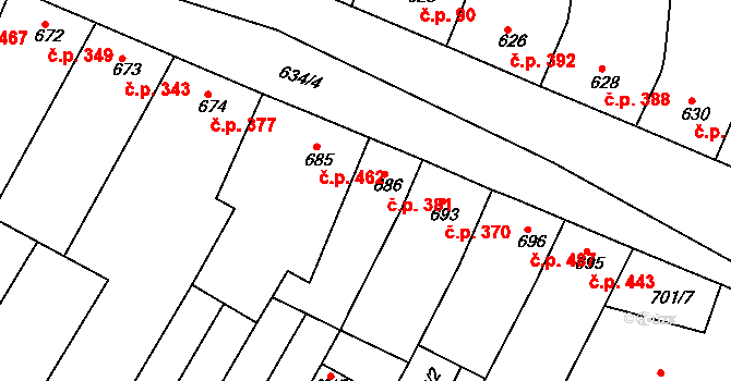 Blučina 381 na parcele st. 686 v KÚ Blučina, Katastrální mapa