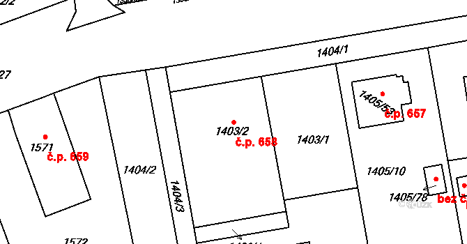 Prostřední Suchá 658, Havířov na parcele st. 1403/2 v KÚ Prostřední Suchá, Katastrální mapa