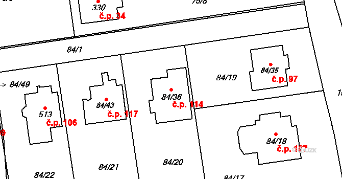 Útěchov 114, Brno na parcele st. 84/36 v KÚ Útěchov u Brna, Katastrální mapa