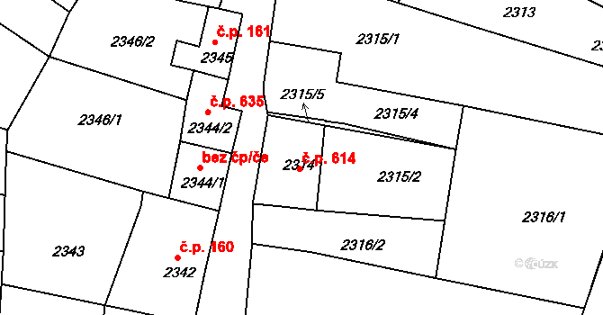 Veselí nad Lužnicí I 614, Veselí nad Lužnicí na parcele st. 2314 v KÚ Veselí nad Lužnicí, Katastrální mapa
