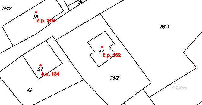 Sebranice 162 na parcele st. 44 v KÚ Kaliště u Sebranic, Katastrální mapa