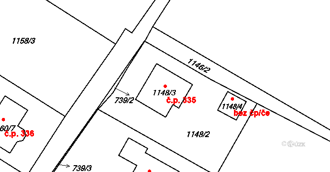 Rychlov 335, Bystřice pod Hostýnem na parcele st. 1148/3 v KÚ Rychlov u Bystřice pod Hostýnem, Katastrální mapa