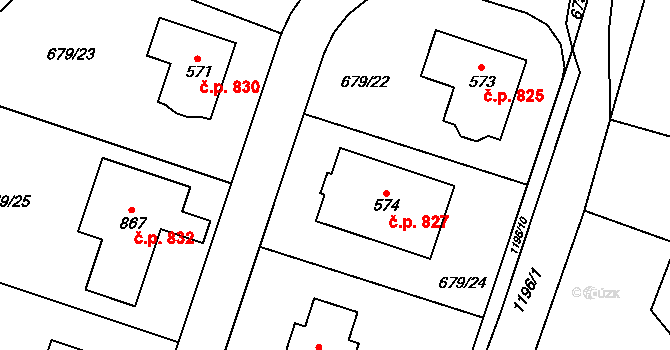 Hlubočinka 827, Sulice na parcele st. 574 v KÚ Sulice, Katastrální mapa