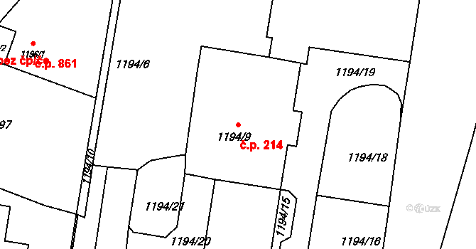 Kopřivnice 214 na parcele st. 1194/9 v KÚ Kopřivnice, Katastrální mapa