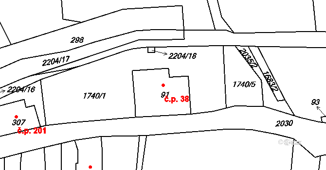Horní Podluží 38 na parcele st. 91 v KÚ Horní Podluží, Katastrální mapa