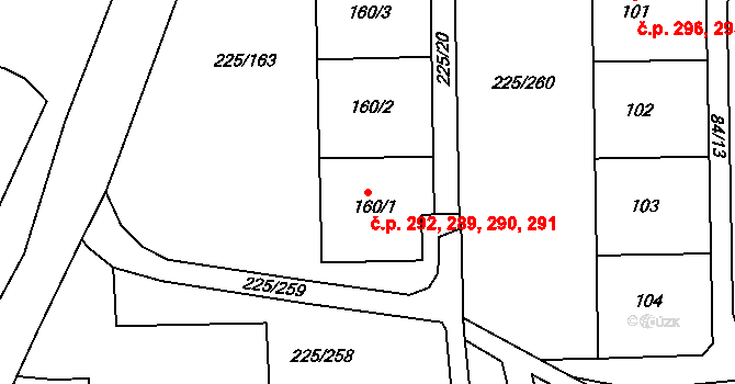 Meziboří 289,290,291,292 na parcele st. 160/2 v KÚ Meziboří u Litvínova, Katastrální mapa