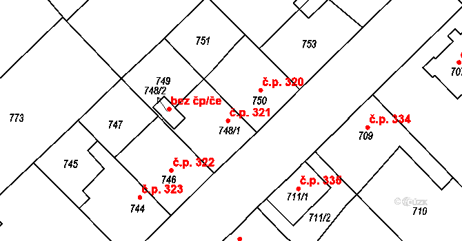 Choceňské Předměstí 321, Vysoké Mýto na parcele st. 748/1 v KÚ Vysoké Mýto, Katastrální mapa