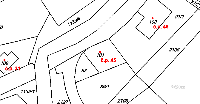 Uhelná 45 na parcele st. 101 v KÚ Uhelná, Katastrální mapa