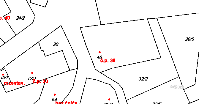 Přetín 36, Křenice na parcele st. 46 v KÚ Přetín, Katastrální mapa