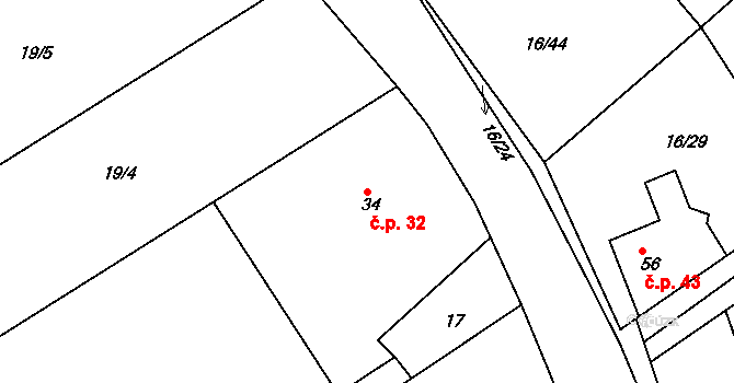 Klenovka 32, Přelouč na parcele st. 34 v KÚ Klenovka, Katastrální mapa