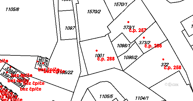 Plešivec 288, Český Krumlov na parcele st. 1001 v KÚ Český Krumlov, Katastrální mapa