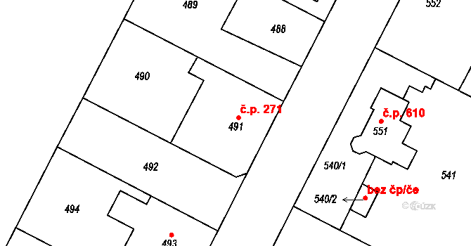 Zruč 271, Zruč-Senec na parcele st. 491 v KÚ Zruč, Katastrální mapa