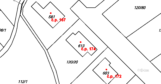 Dobrotice 174, Holešov na parcele st. 613 v KÚ Dobrotice, Katastrální mapa