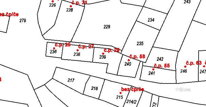 Tetětice 28, Počenice-Tetětice na parcele st. 239 v KÚ Tetětice, Katastrální mapa