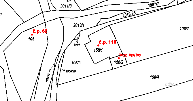 Milenov 115 na parcele st. 158/1 v KÚ Milenov, Katastrální mapa