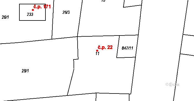 Nepomuk 22 na parcele st. 11 v KÚ Nepomuk pod Třemšínem, Katastrální mapa