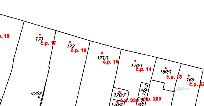 Kyjov 15 na parcele st. 171/1 v KÚ Kyjov, Katastrální mapa