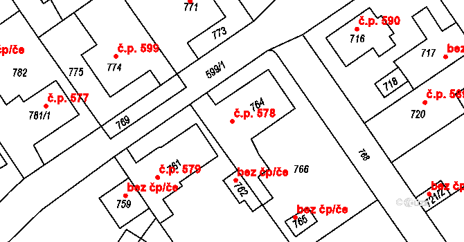 Buštěhrad 578 na parcele st. 764 v KÚ Buštěhrad, Katastrální mapa