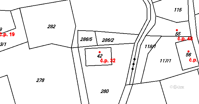 Vicmanov 32, Mukařov na parcele st. 42 v KÚ Vicmanov, Katastrální mapa