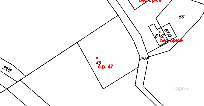 Podbrdy 47 na parcele st. 49 v KÚ Podbrdy, Katastrální mapa