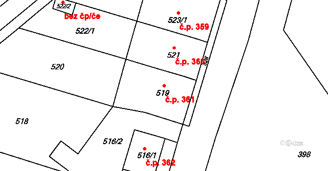 Mariánské Údolí 361, Hlubočky na parcele st. 519 v KÚ Hlubočky, Katastrální mapa