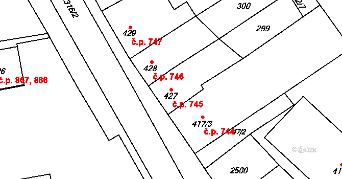 Uničov 745 na parcele st. 427 v KÚ Uničov, Katastrální mapa
