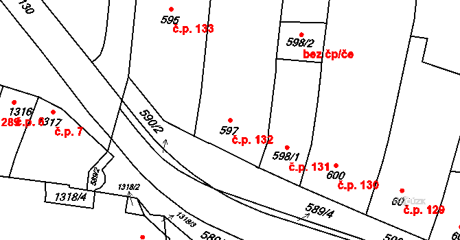 Tuřany 132, Brno na parcele st. 597 v KÚ Tuřany, Katastrální mapa