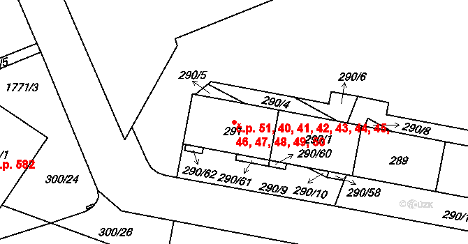 Lesná 40,41,42,43,44,45,46, Brno na parcele st. 291 v KÚ Lesná, Katastrální mapa