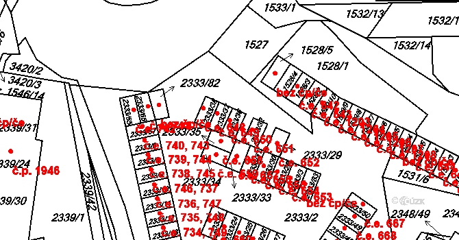 Pelhřimov 650 na parcele st. 2333/36 v KÚ Pelhřimov, Katastrální mapa