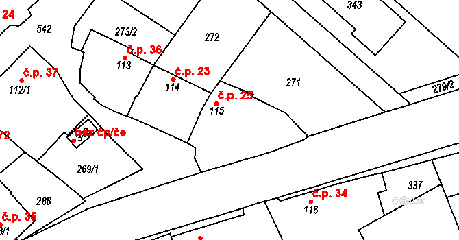 Březové 25, Litovel na parcele st. 115 v KÚ Unčovice, Katastrální mapa