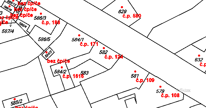 Uhříněves 124, Praha na parcele st. 582 v KÚ Uhříněves, Katastrální mapa