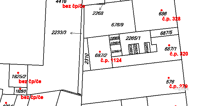 Pražské Předměstí 1124, Hradec Králové na parcele st. 687/2 v KÚ Pražské Předměstí, Katastrální mapa