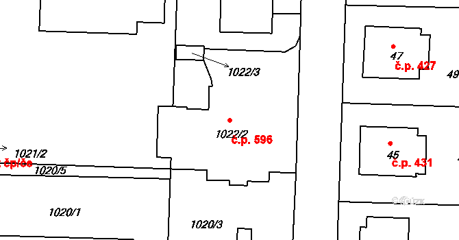 Batelov 596 na parcele st. 1022/2 v KÚ Batelov, Katastrální mapa