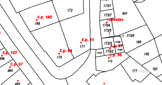 Milešovice 11 na parcele st. 171 v KÚ Milešovice, Katastrální mapa
