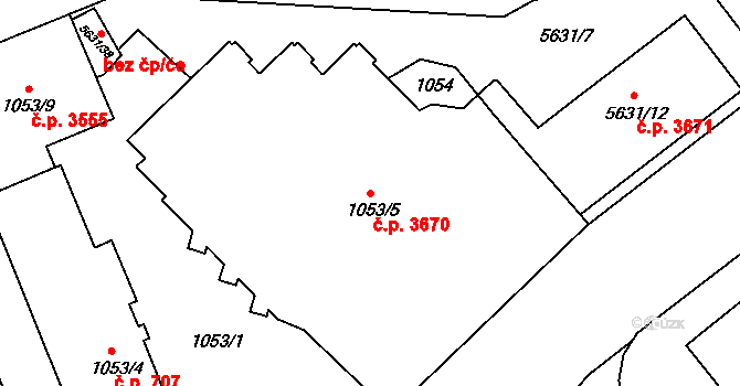 Znojmo 3670 na parcele st. 1053/5 v KÚ Znojmo-město, Katastrální mapa