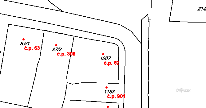 Uherský Brod 62 na parcele st. 1207 v KÚ Uherský Brod, Katastrální mapa