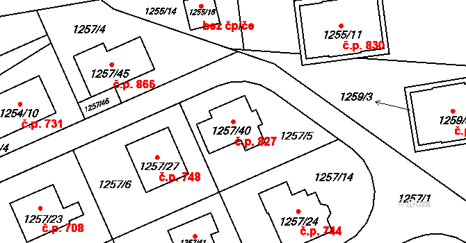 Tlučná 827 na parcele st. 1257/40 v KÚ Tlučná, Katastrální mapa
