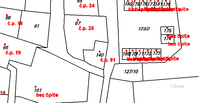 Hroubovice 91 na parcele st. 140 v KÚ Hroubovice, Katastrální mapa