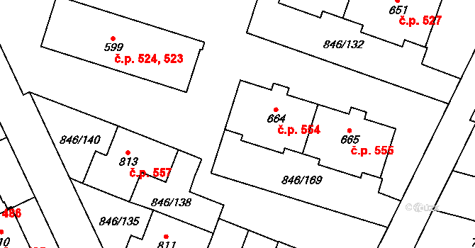 Lysice 554 na parcele st. 664 v KÚ Lysice, Katastrální mapa
