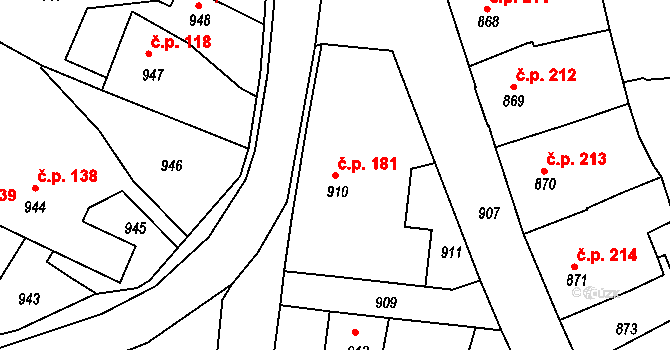 Kamenice nad Lipou 181 na parcele st. 910 v KÚ Kamenice nad Lipou, Katastrální mapa