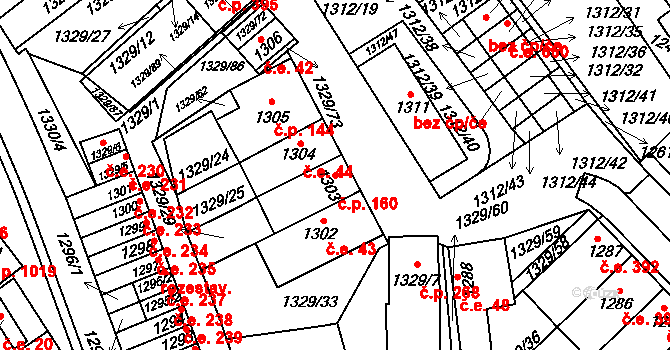Hustopeče 160 na parcele st. 1303 v KÚ Hustopeče u Brna, Katastrální mapa