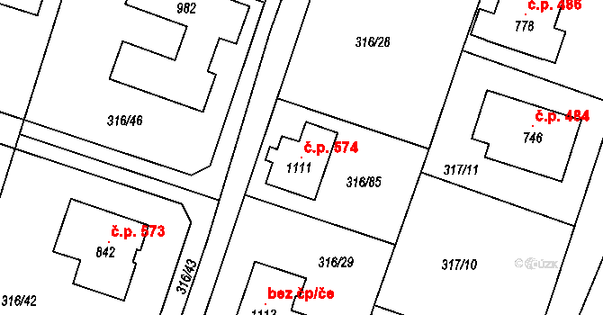 Hýskov 574 na parcele st. 1111 v KÚ Hýskov, Katastrální mapa