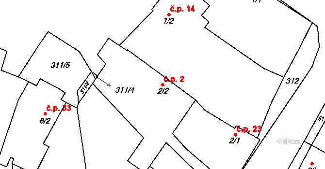 Jiřice u Moravských Budějovic 2 na parcele st. 2/2 v KÚ Jiřice u Moravských Budějovic, Katastrální mapa