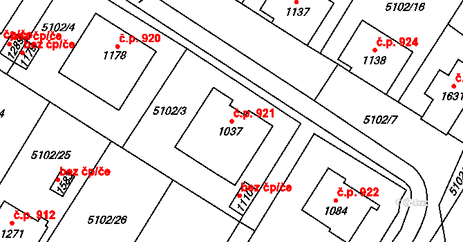 Hrušovany nad Jevišovkou 921 na parcele st. 1037 v KÚ Hrušovany nad Jevišovkou, Katastrální mapa