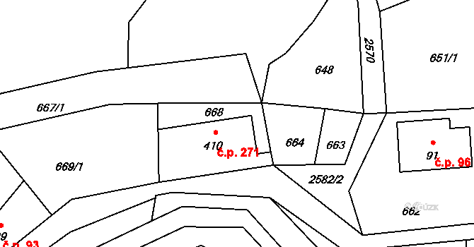 Valkeřice 271 na parcele st. 410 v KÚ Valkeřice, Katastrální mapa