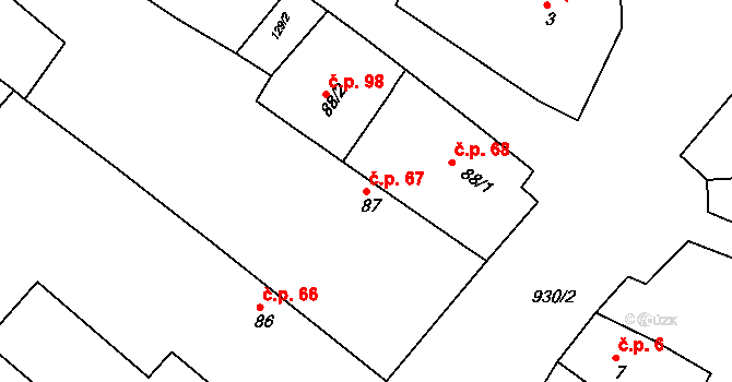 Kovanice 67 na parcele st. 87 v KÚ Kovanice, Katastrální mapa