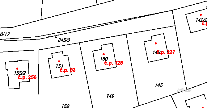 Černé Budy 128, Sázava na parcele st. 150 v KÚ Černé Budy, Katastrální mapa